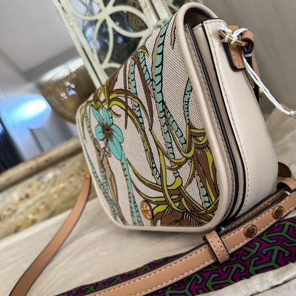 New Tory burch EMERSON PRINTED CANVAS CROSSBODY CREAM BROWN CLIMBING PALMS - Picture 4 of 8